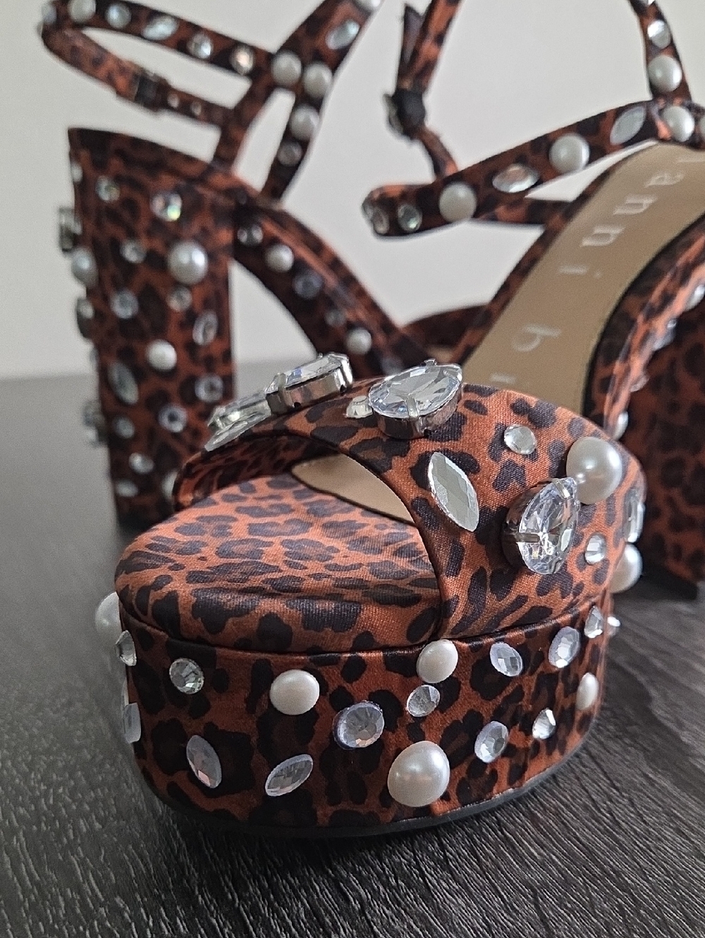 Gianni Binni  NWTLeopard Print Platform  Sandals  Pearl & Crystal Embellishments
